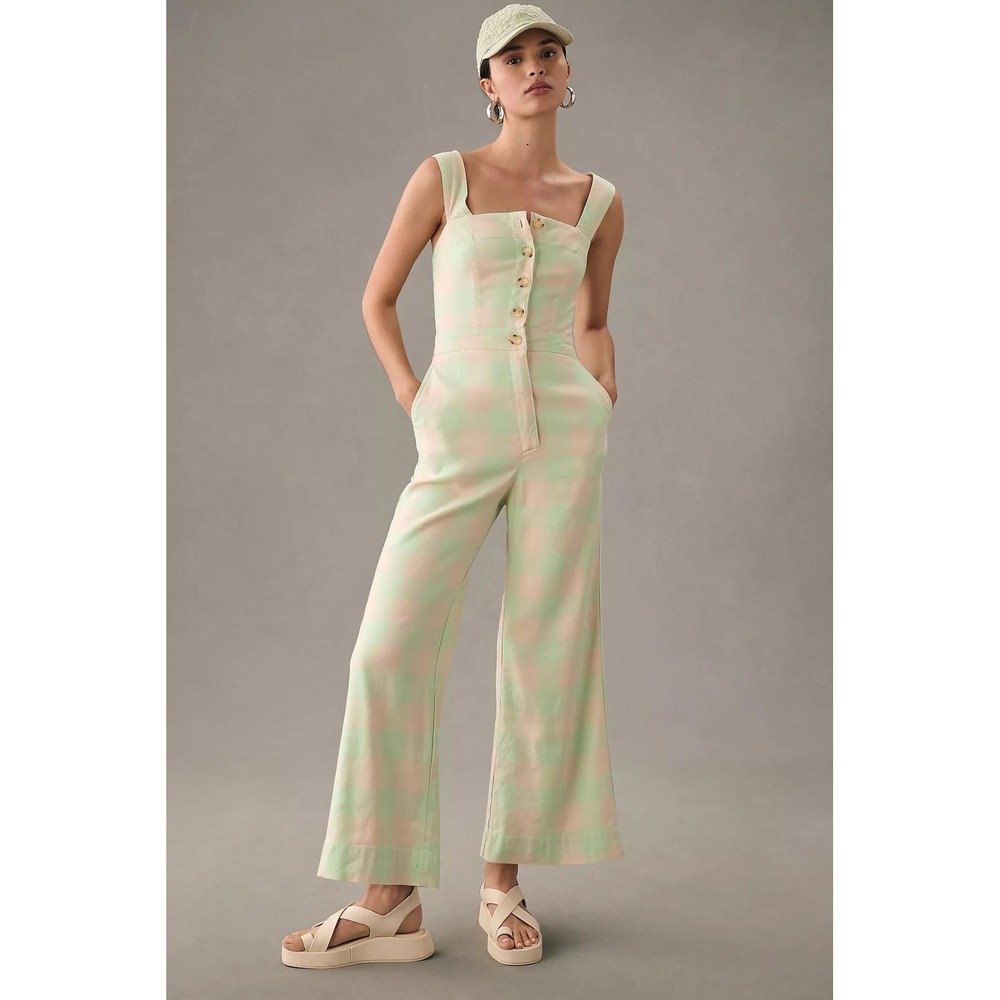 Maeve Anthropologie Colette Portside Button Front Jumpsuit Checkered Wide Leg 8